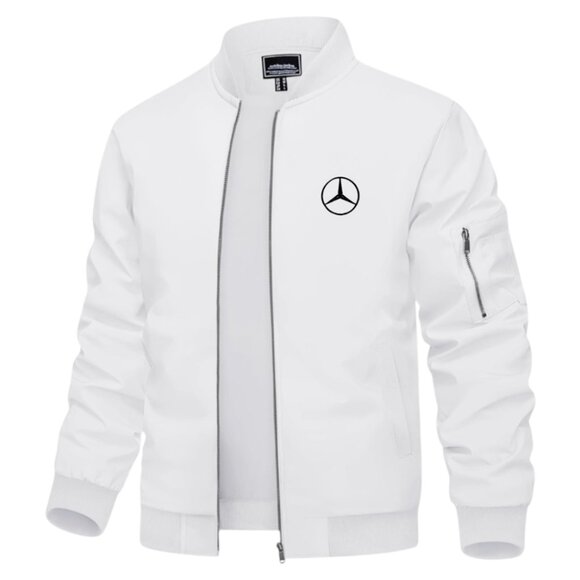 Men's Mercedes-Benz Car Logo Embroidered Light Weight Bomber Jacket -White